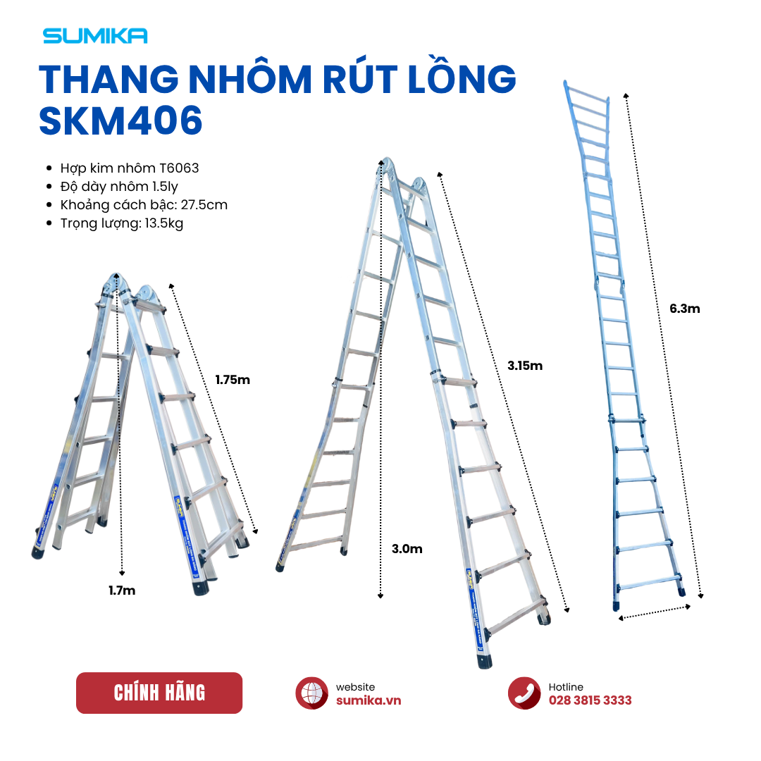 Thang Nhôm Rút Lồng Chữ A SUMIKA SKM406 A Cao 3.15m, Rút Gọn Tiện Lợi