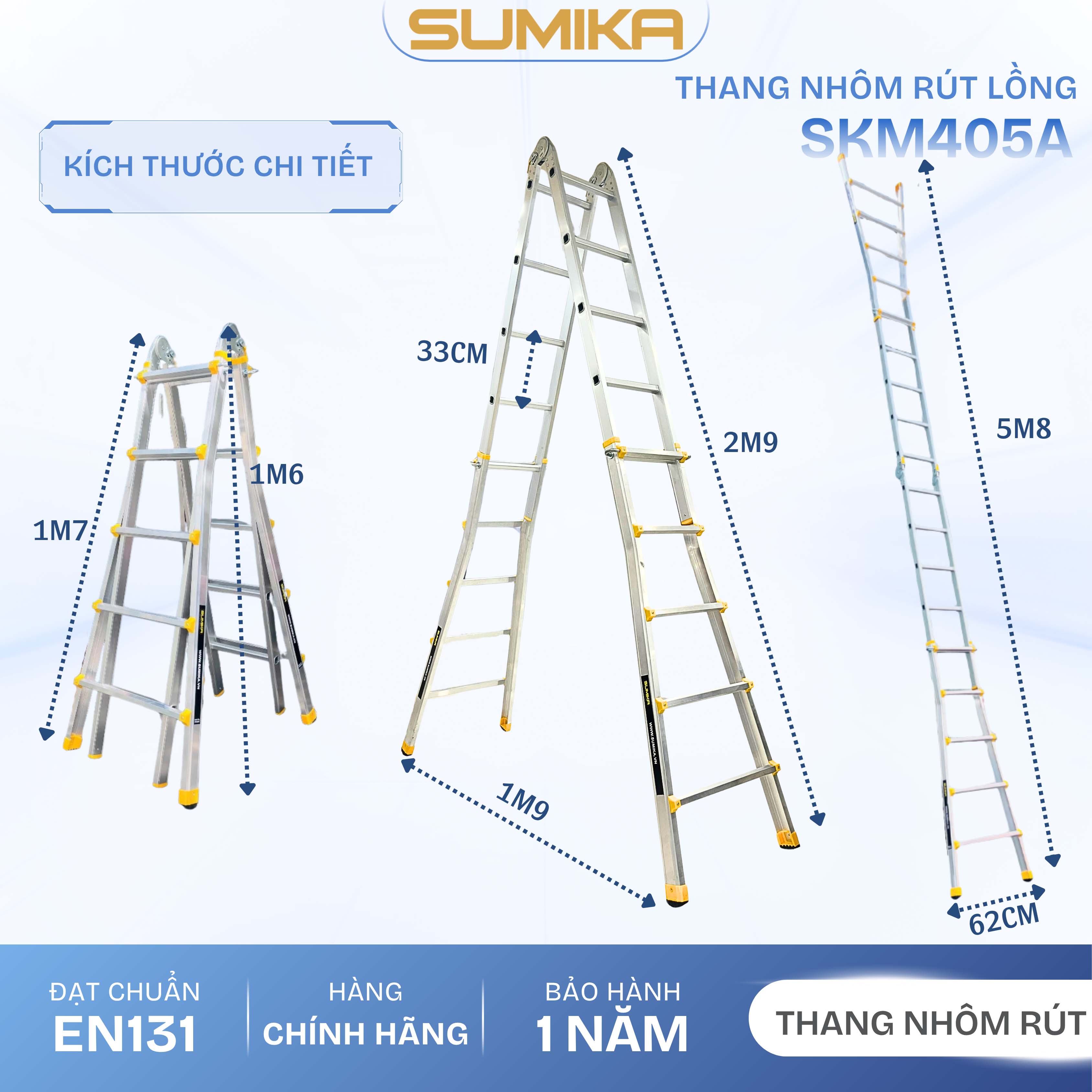 Thang Nhôm Rút Lồng Chữ A/I SUMIKA SKM405A - Rút Gọn, Cao 2.9m, Tải 300kg