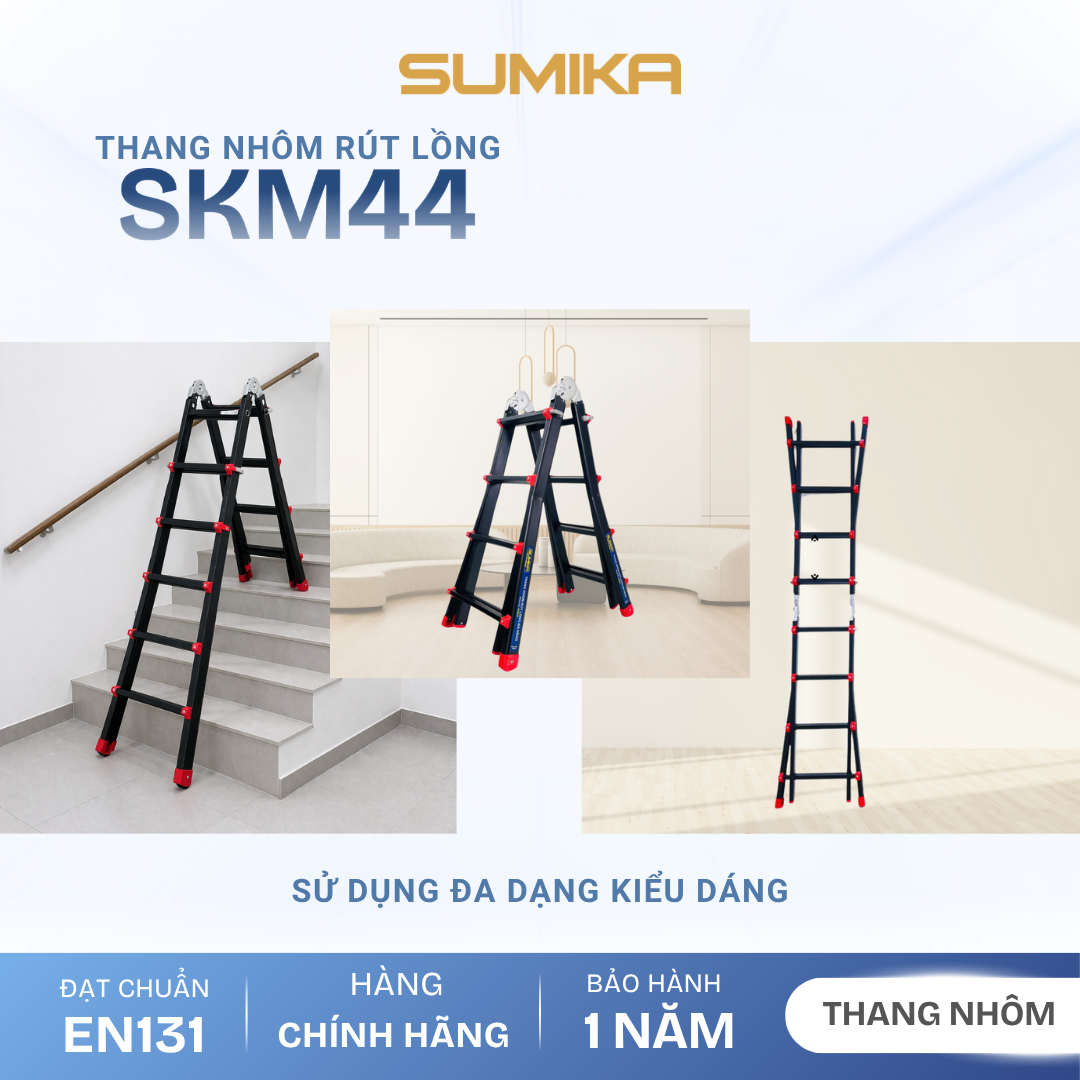 Thang Nhôm Rút Lồng SUMIKA SKM44 Chữ A Cao 2.0m Sơn Tĩnh điện, Tải 300kg