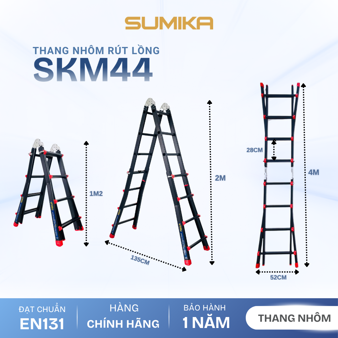Thang Nhôm Rút Lồng SUMIKA SKM44 Chữ A Cao 2.0m Sơn Tĩnh điện, Tải 300kg