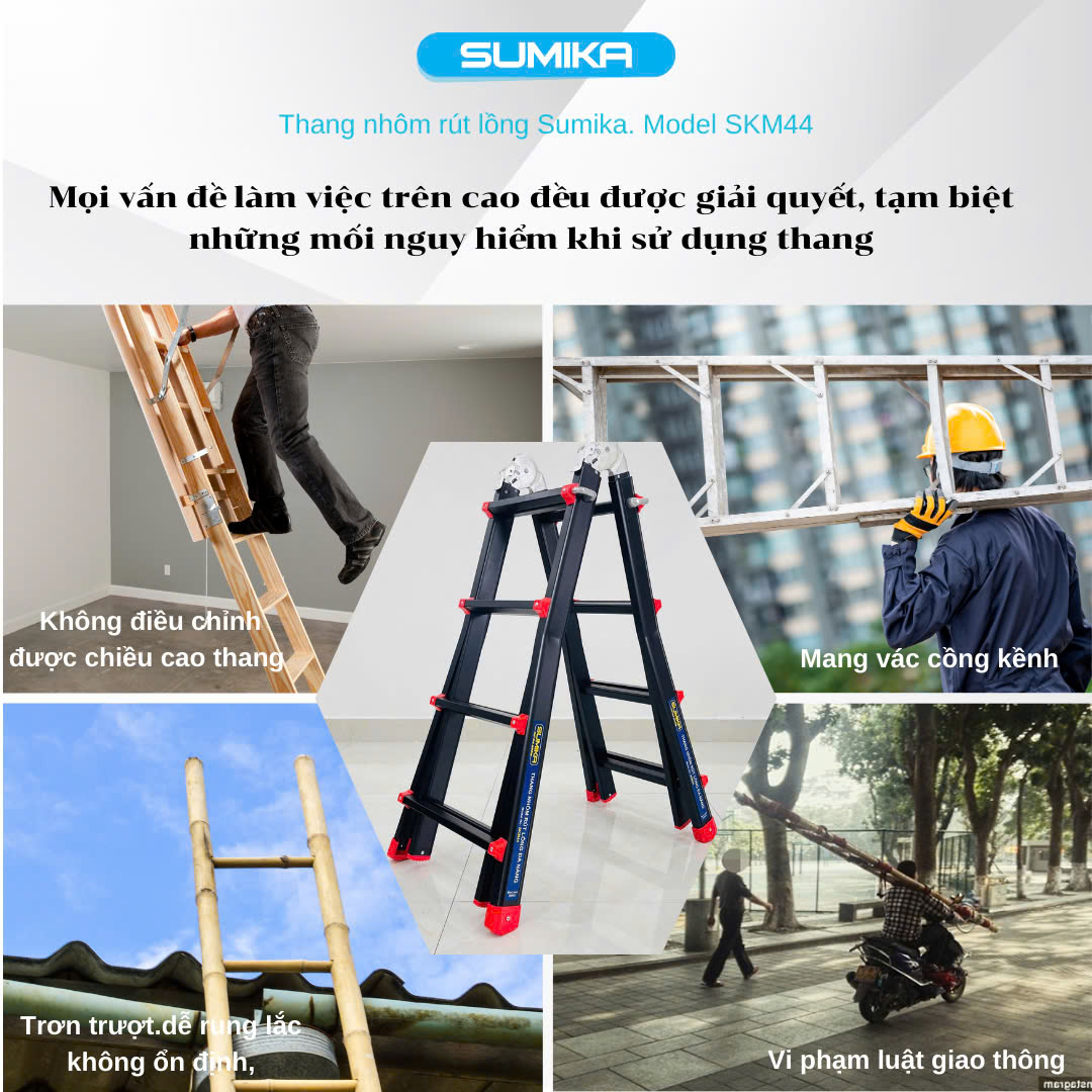 Thang Nhôm Rút Lồng SUMIKA SKM44 Chữ A Cao 2.0m Sơn Tĩnh điện, Tải 300kg