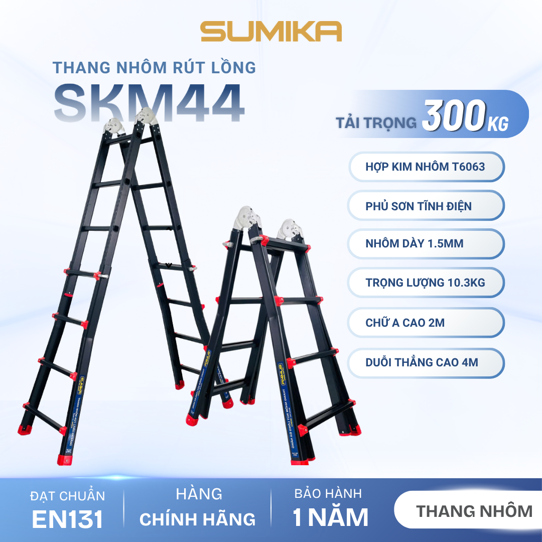 Thang Nhôm Rút Lồng SUMIKA SKM44 Chữ A Cao 2.0m Sơn Tĩnh điện, Tải 300kg