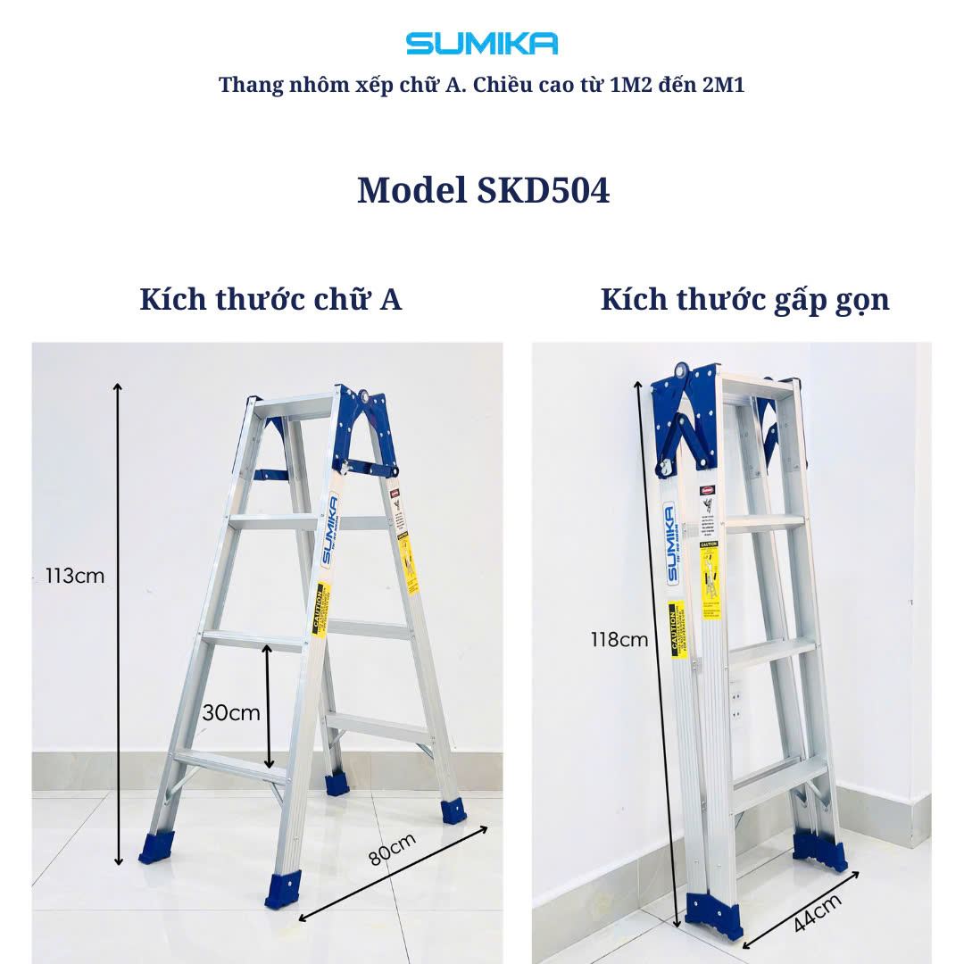 Thang Nhôm Xếp Chữ A Sumika SKD504 - Chân 44cm, 4x2 Bậc, Nhẹ 5.2kg, Tải 150kg, Duỗi 2.36m