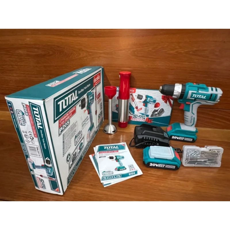 BỘ COMBO MÁY KHOAN BÚA TOTAL VÀ MÁY XAY CẦM TAY DÙNG PIN 20V CHÍNH HÃNG MODEL: TOSLI221125