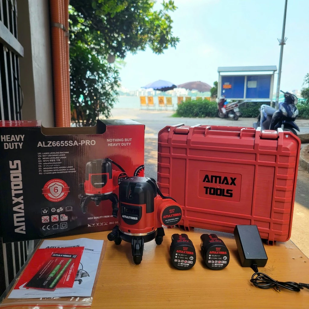 Máy cân bằng Laser pin 16V8 AMAXTOOLS 5 tia xanh Siêu Sáng Sử dụng pin 16V8 - ALZ - 6655SA-PRO .