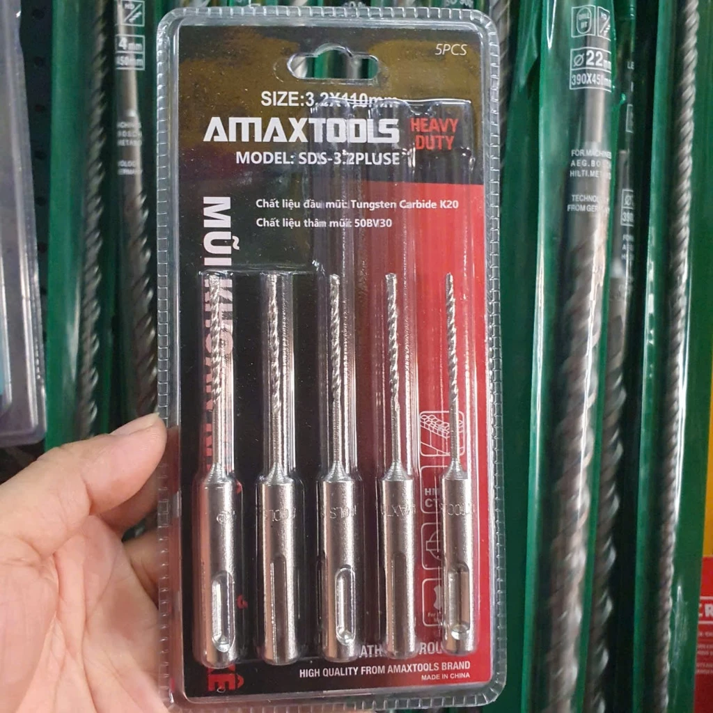 Bộ 5 Mũi Khoan Bê Tông Không Tắc Kê 3.2mm Amaxtools SDS-3.2PLUSE Chuôi Gài SDS Plus