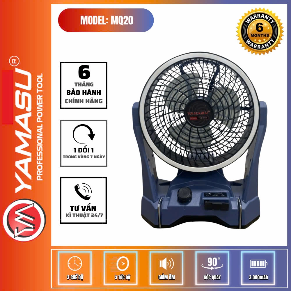 Quạt Tích Điện Yamasu YMS-MQ20 Đa Năng, Chạy Pin & Cắm Điện Trực Tiếp, Sải Cánh 18cm