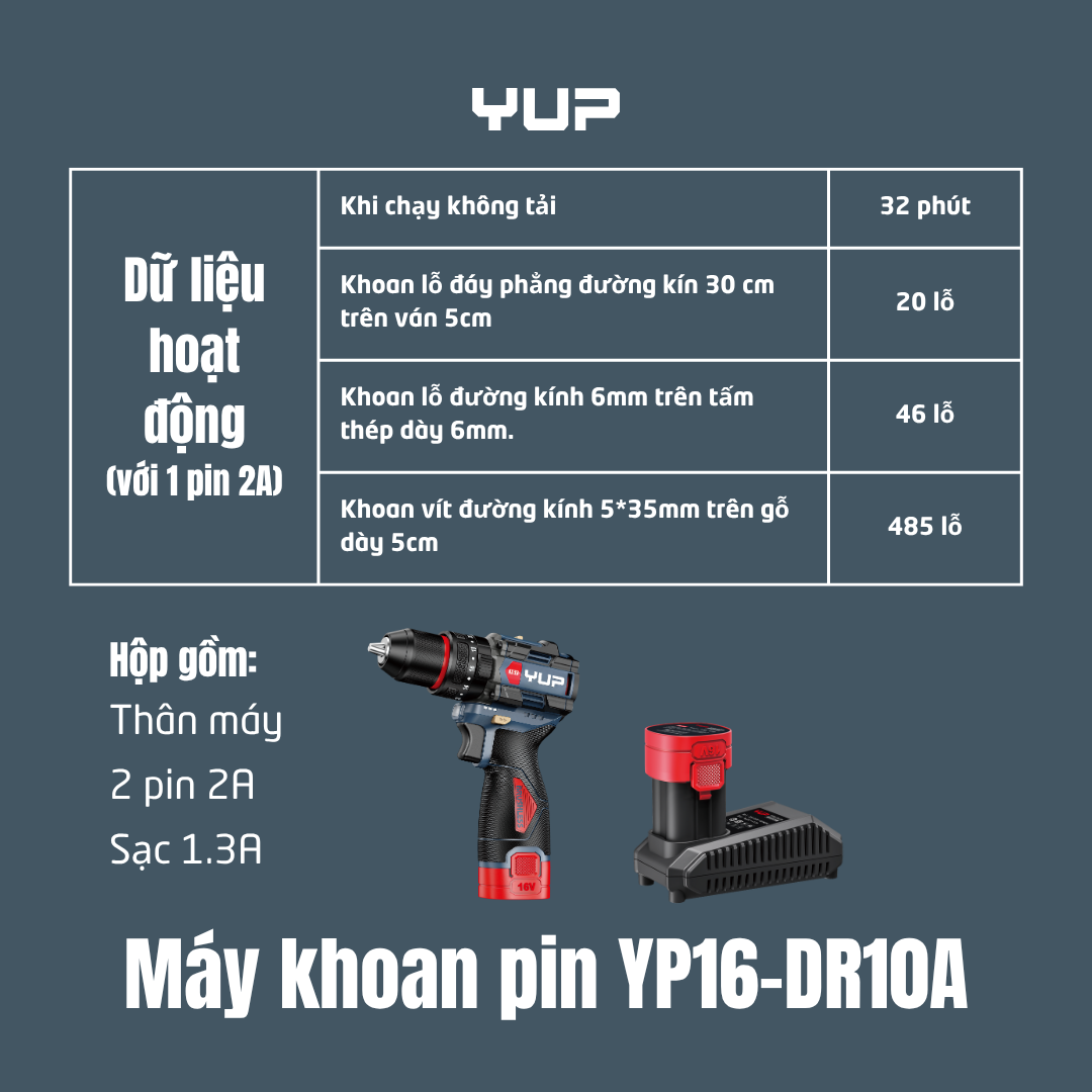 Máy Khoan Pin 60Nm YUPAI YP16 DR10A 10MM Chính Hãng, 3 Chức Năng Khoan, Bắt Vít, Đảo Chiều
