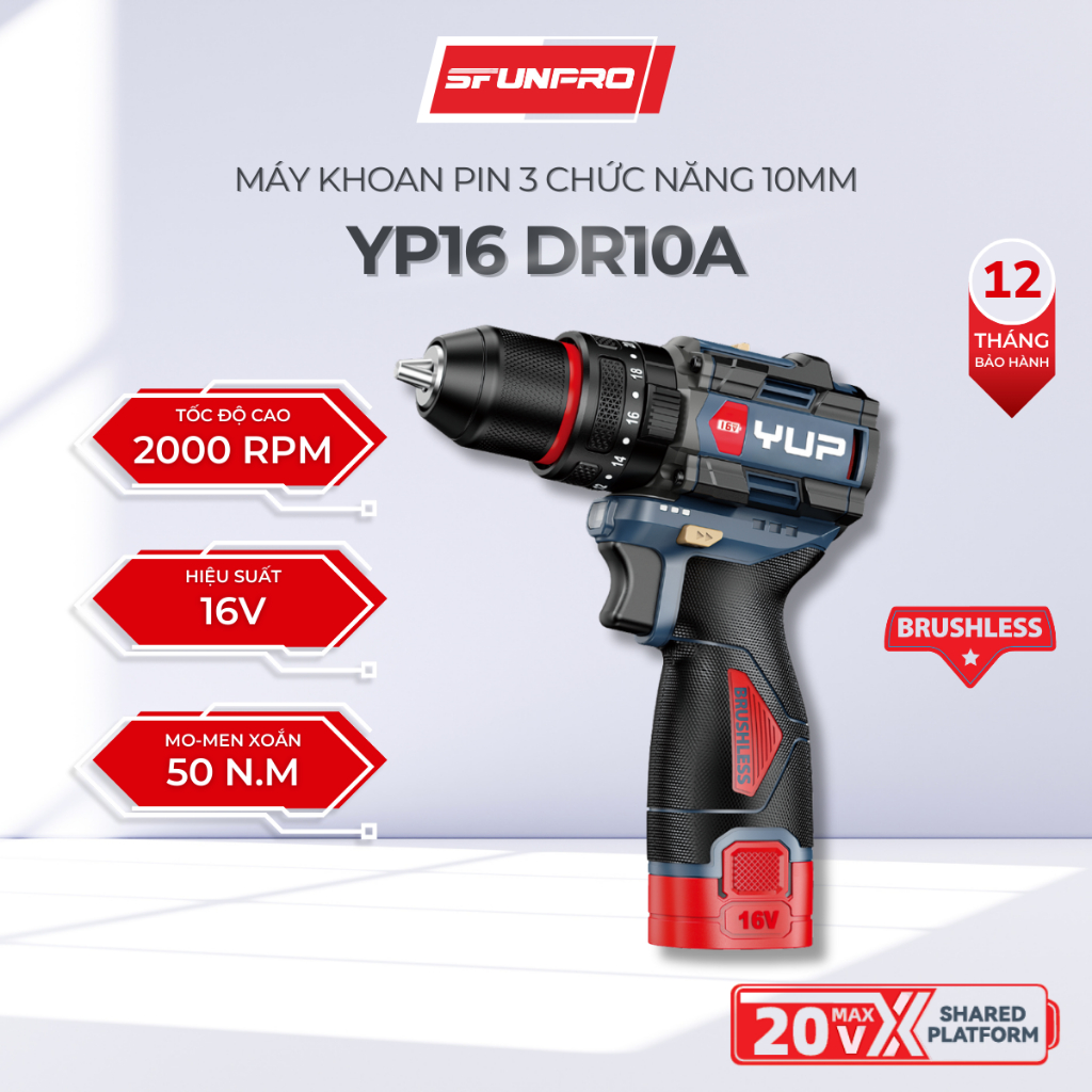 Máy Khoan Pin 60Nm YUPAI YP16 DR10A 10MM Chính Hãng, 3 Chức Năng Khoan, Bắt Vít, Đảo Chiều