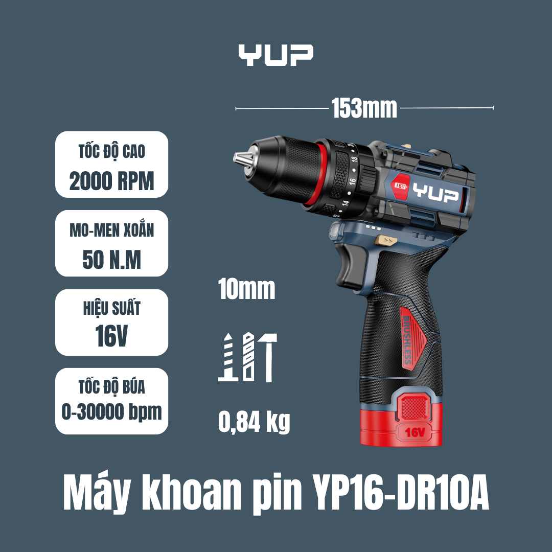 Máy Khoan Pin 60Nm YUPAI YP16 DR10A 10MM Chính Hãng, 3 Chức Năng Khoan, Bắt Vít, Đảo Chiều