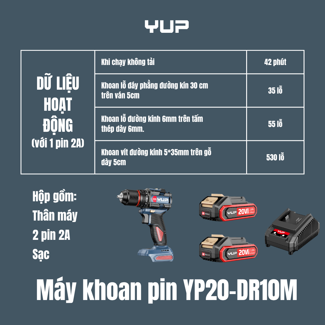 Máy Khoan Pin 20V 60Nm YUPAI YP20 DR10M 10MM 3 Chức Năng Chính Hãng