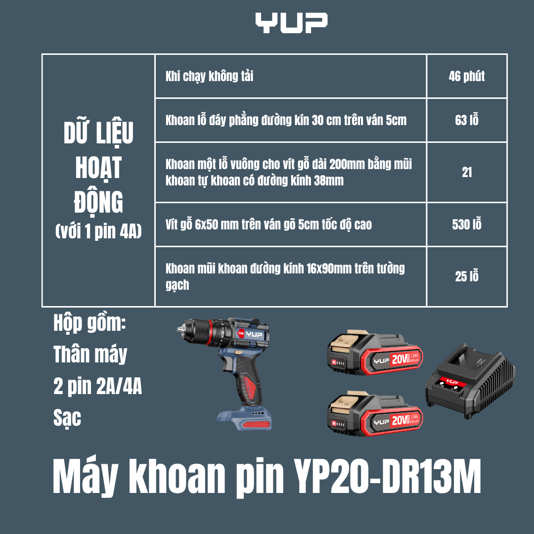 Máy Khoan Pin 60Nm YUP YP20 DR13M 13MM 3 Chức Năng Bản 2.0A Bảo Hành 12 Tháng