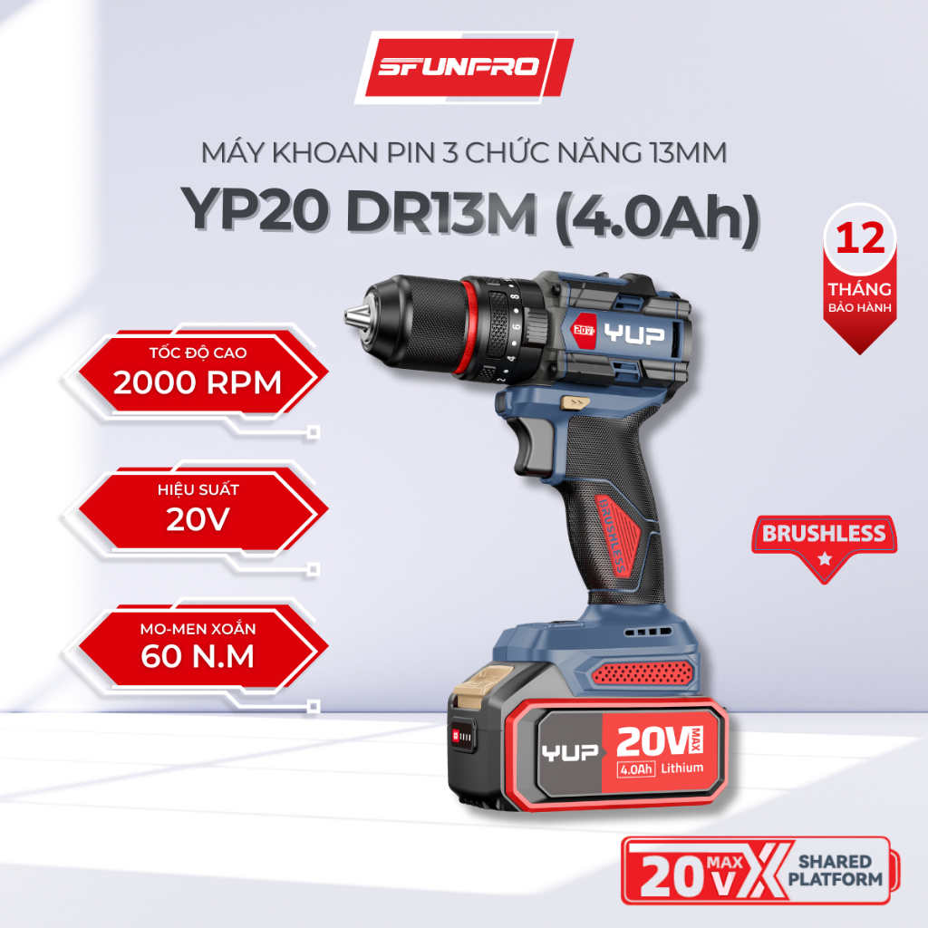 Máy Khoan Pin 60Nm YUP YP20 DR13M 13MM 3 Chức Năng Bản 2.0A Bảo Hành 12 Tháng