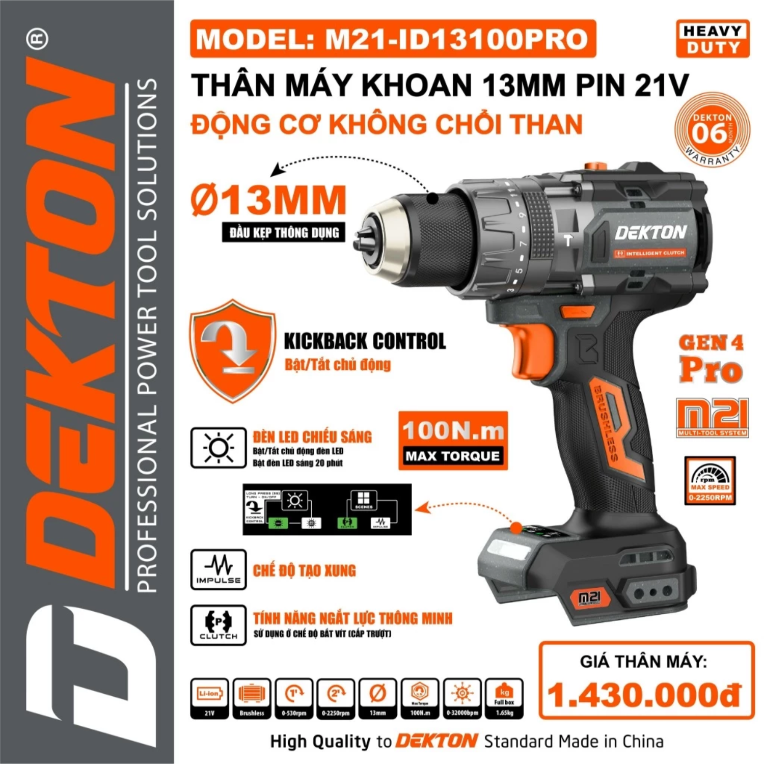 Máy Khoan Pin Dekton 21V Công Suất 100N.m M21-ID13100PRO, M21-ID13100XPRO Màu Xanh, Xám, Oliu Gen 4 Pro