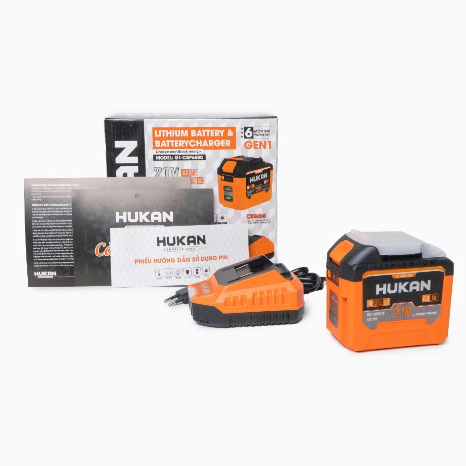 COMBO Pin Sạc Hukan G1-CBP6050 Pin 20 Cells 6Ah Và Sạc 1.5Ah, Chân Pin Phổ Thông, Bảo Hành 6 Tháng