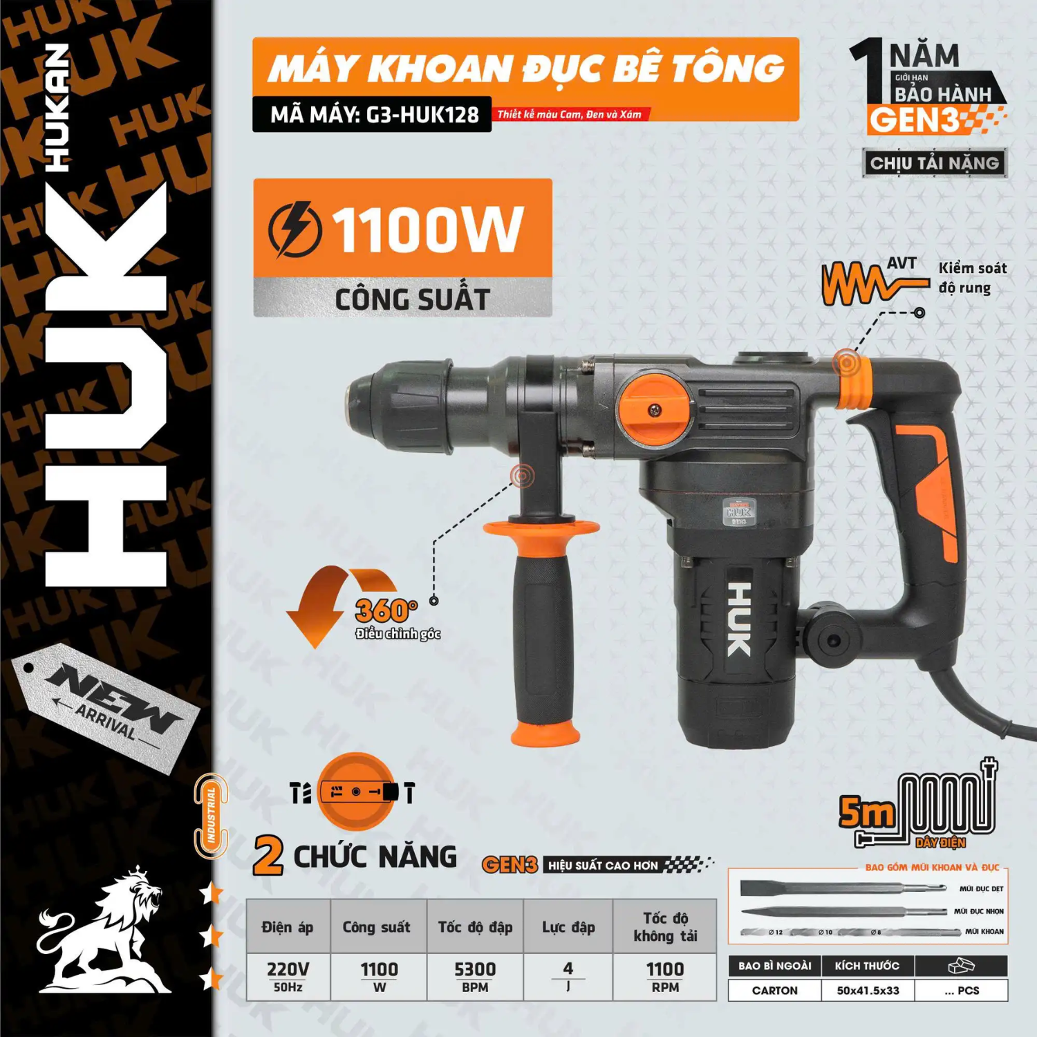 Máy Khoan đục Bê Tông (GEN 3) G3-HUK128, Công Suất 1100W, Lực đập 4J