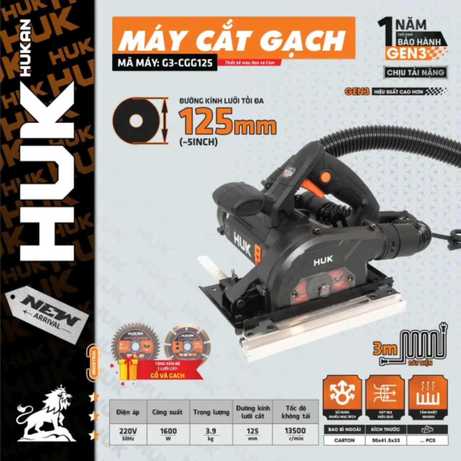 Máy Cắt Gạch điện Hukan G3-CGG125, Công Suất	1600W, Điện áp 220V - 50Hz