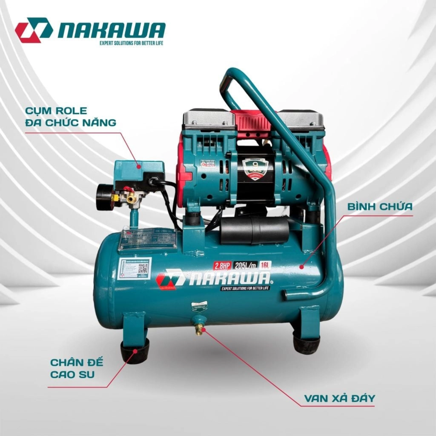 Máy Nén Khí Không Dầu 16L Nakawa NK-28H16L, Công Suất 2.8 HP, Bảo Hành 9 Tháng Chính Hãng