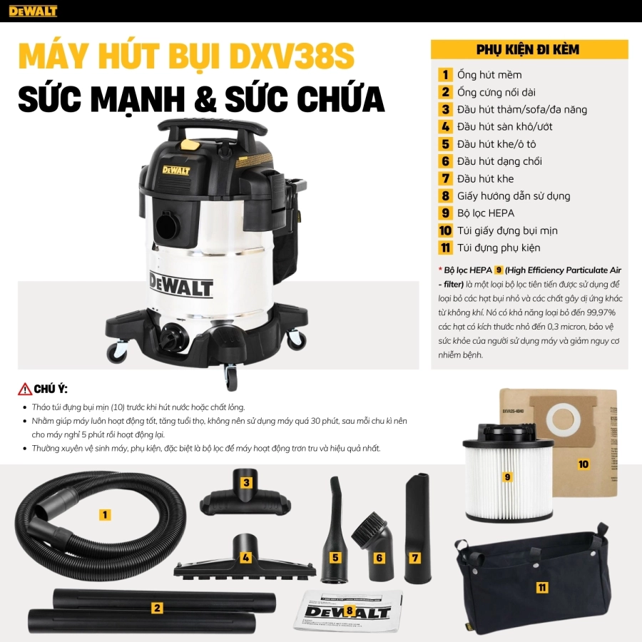 Máy Hút Bụi Công Nghiệp 3 Chức Năng ướt/khô/thổi Dewalt  DXV38S 38L