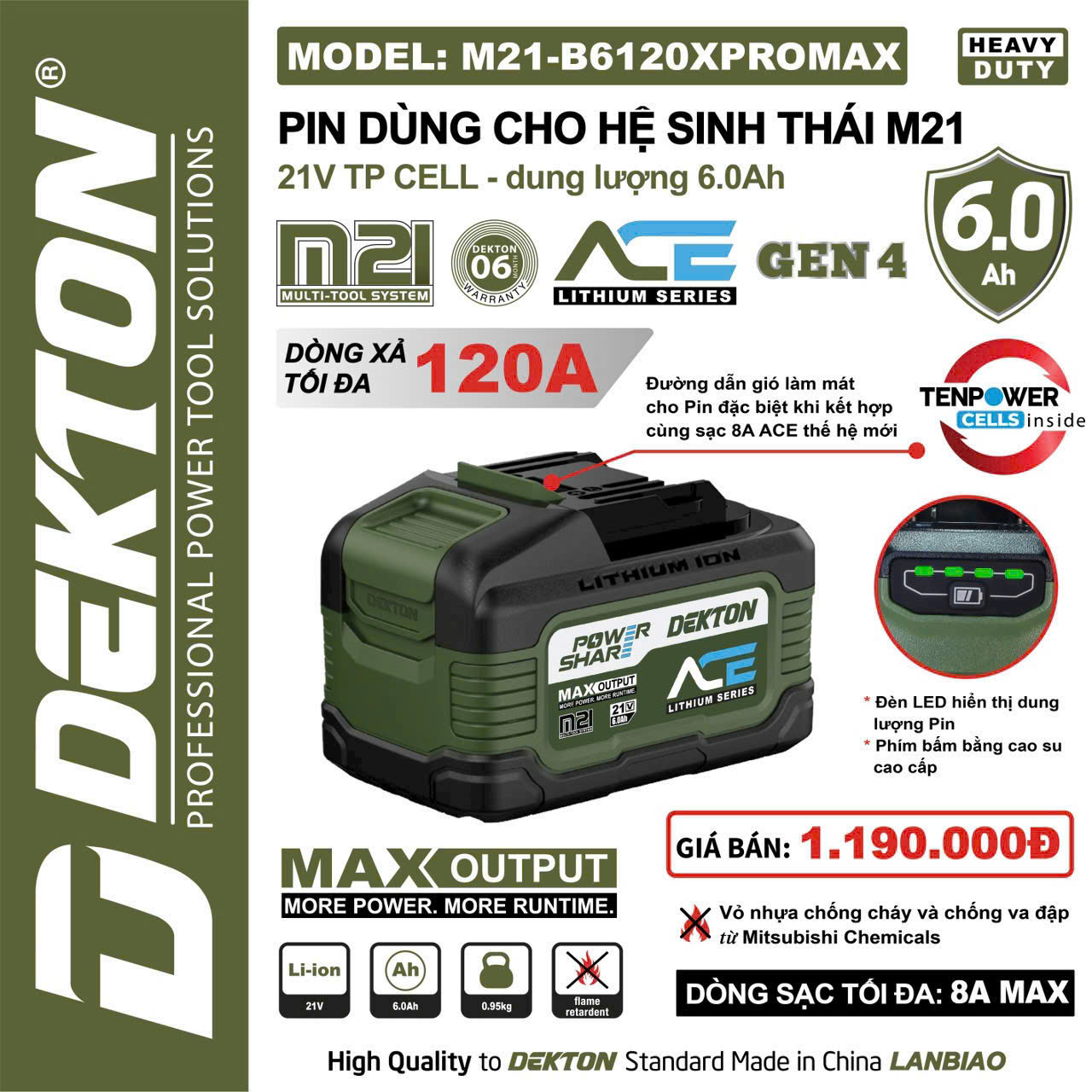 Pin Dekton Gen 4 M21-B6120XPROMAX 21V 6.0Ah Dòng Xả Cao