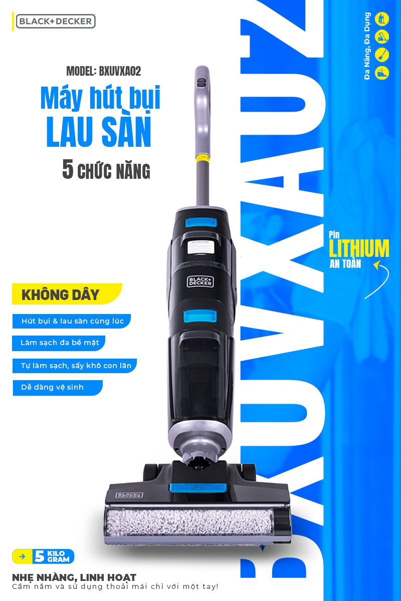 Máy Hút Bụi Lau Sàn Không Dây Black+Decker USA BXUVXA02 - 5 Chức Năng