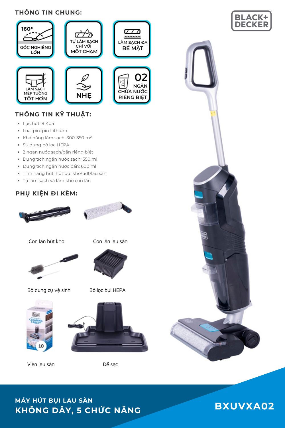 Máy Hút Bụi Lau Sàn Không Dây Black+Decker USA BXUVXA02 - 5 Chức Năng