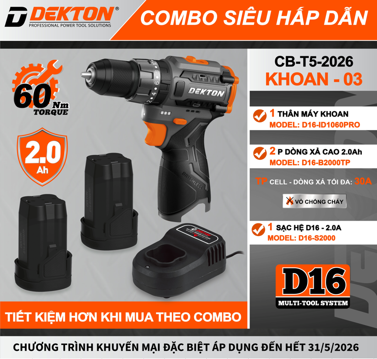 Thân Máy Khoan động Lực Dekton Pin 16.8V D16-ID1060PRO 60Nm, Động Cơ Không Chổi Than