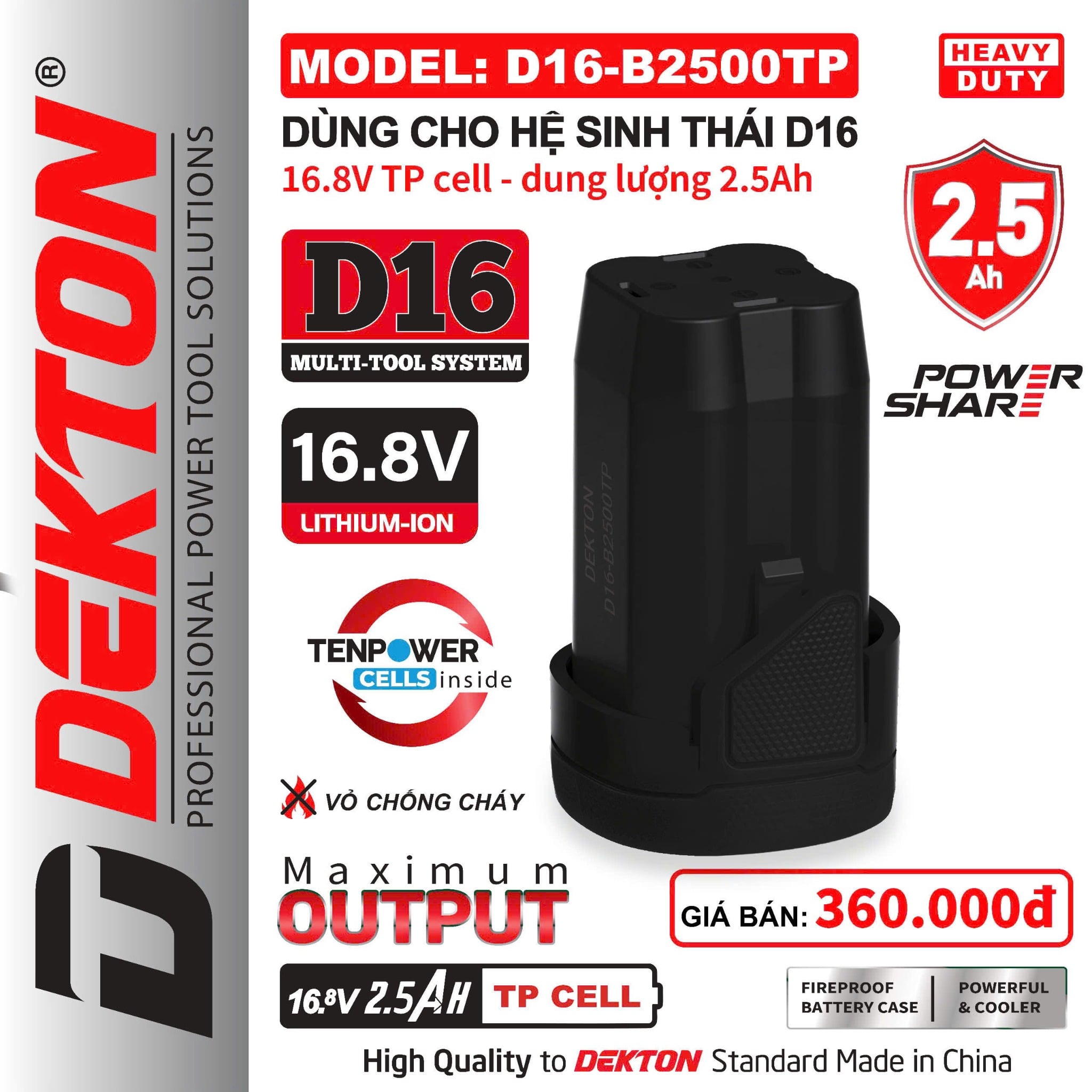 Pin 16V 2.5Ah Dekton D16-B2500TP, Cell TP, Vỏ Pin Chống Cháy