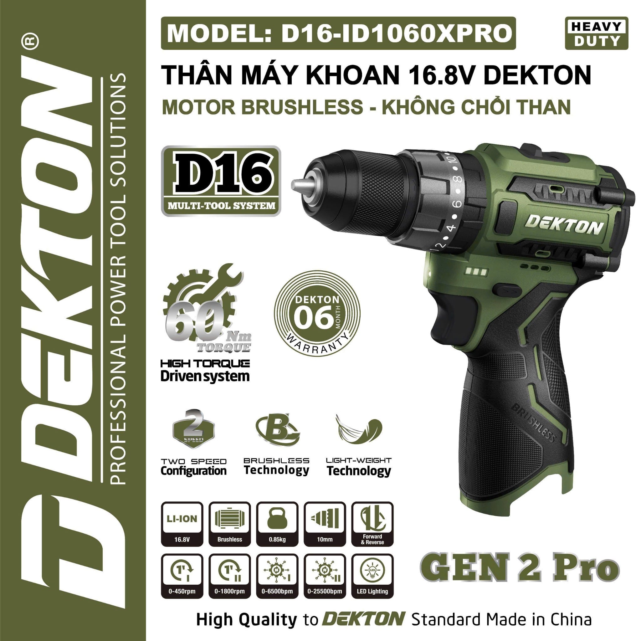 Máy Khoan Pin 16.8V Dekton D16-ID1060XPRO, Lực Siết 60Nm, Bảo Hành 6 Tháng
