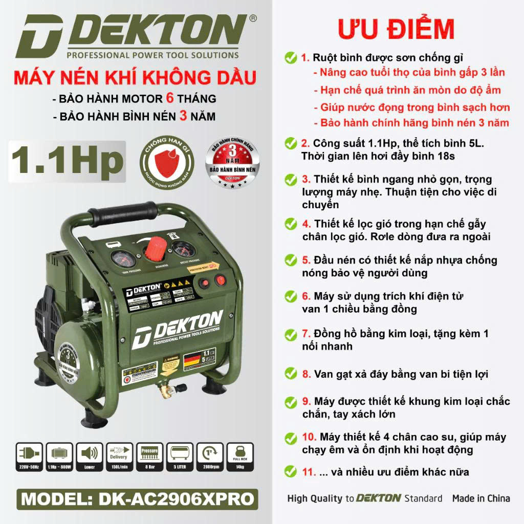 Máy Nén Khí Không Dầu 5L 1.1HP Dekton DK-AC2906XPRO Oliu Chính Hãng