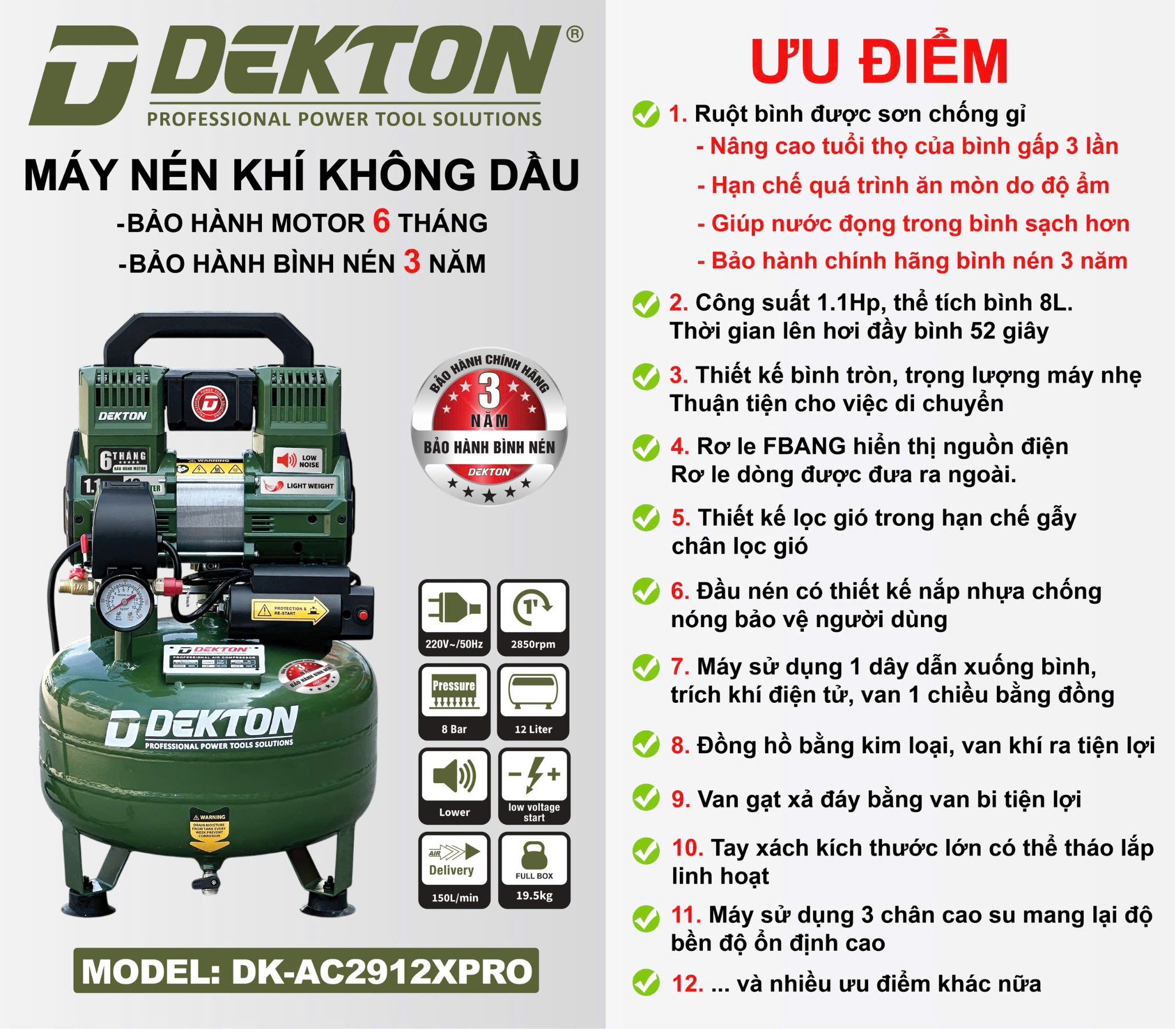 Máy Nén Khí Dekton Không Dầu 12L Công Suất 1.1HP DK-AC2912XPRO