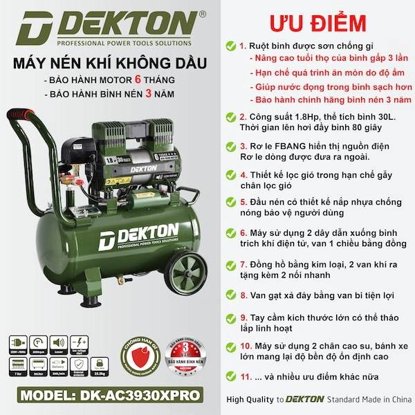 Máy Nén Khí Không Dầu Dekton DK-AC3930XPRO Công Suất 1.8HP - 30 Lít