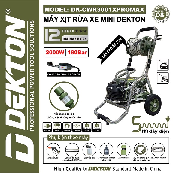 Máy Xịt Rửa Chỉnh Áp 2000W Dekton DK-CWR3001XPROMAX 180 Bar Chính Hãng