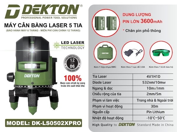 Máy Cân Bằng Laser 5 Tia Xanh Dekton DK-LS0502XPRO - Pin Lớn 3600mAh