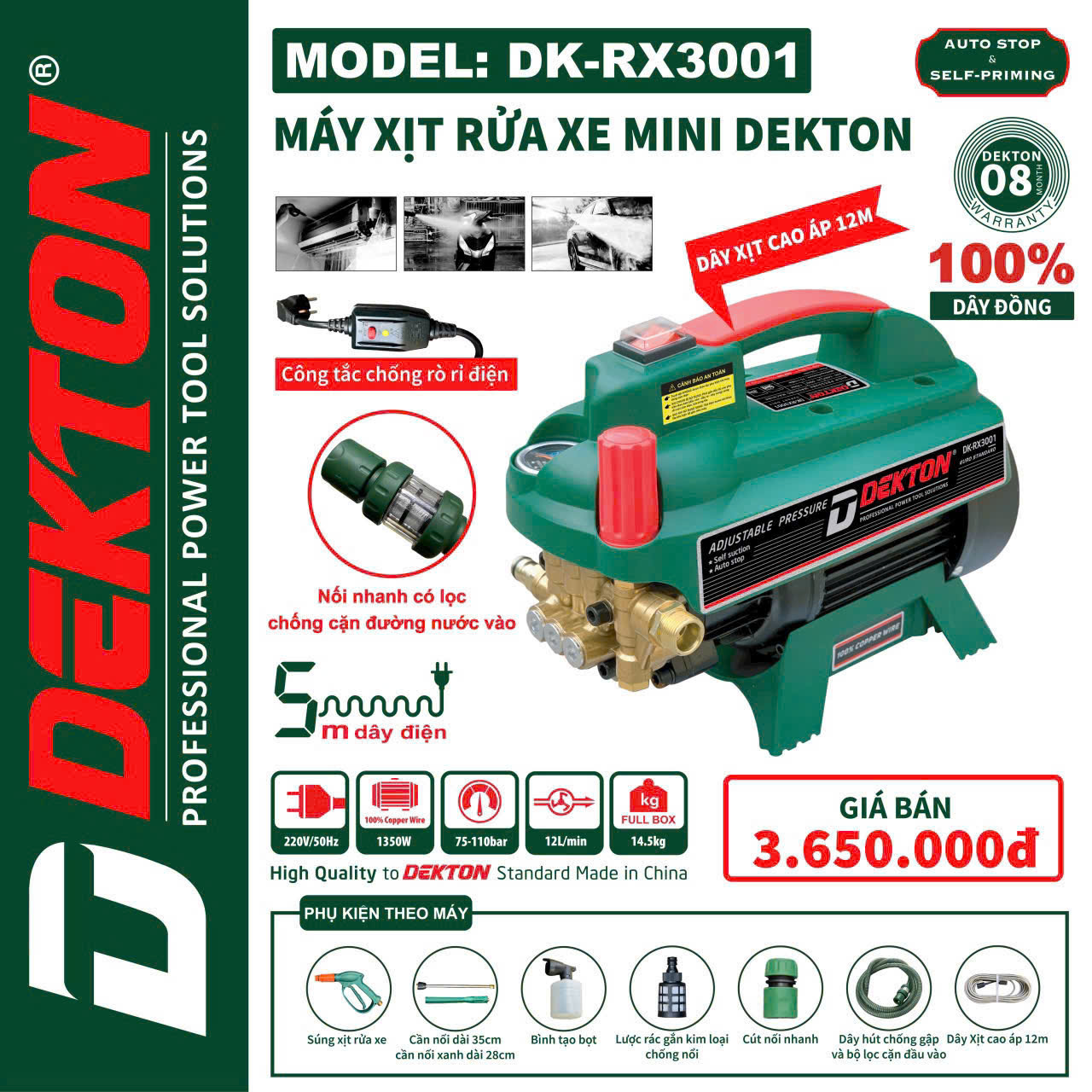 Máy Xịt Rửa Xe Mini Dekton DK-RX3001 1350W áp Lực 110Bar Dây Xịt 12m