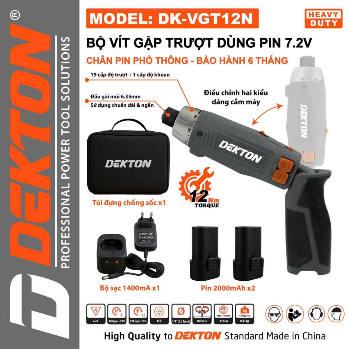 Máy Vặn Vít Gập Dùng Pin 7.2V Dekton DK-VGT12N Màu Xám, Pin 2000mAh X2