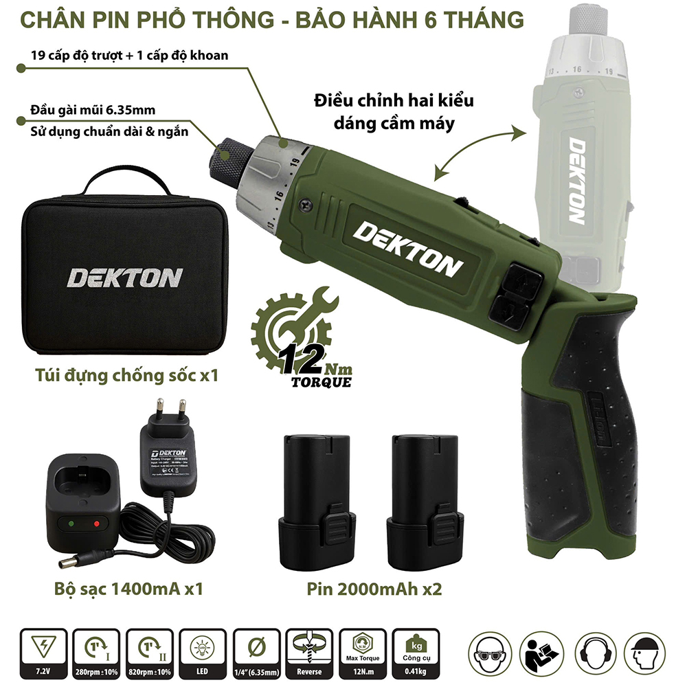 Bộ Vít Gập Trượt Dùng Pin 7.2V DEKTON DK-VGT12XN Oliu, Pin 2000mAh X2
