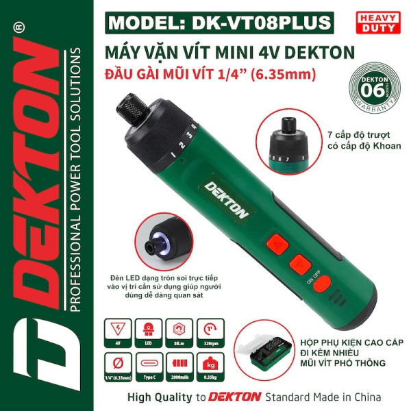 Máy Vặn Vít Mini 4V Dekton DK-VT08PLUS - 7 Cấp Trượt, Đầu 1/4