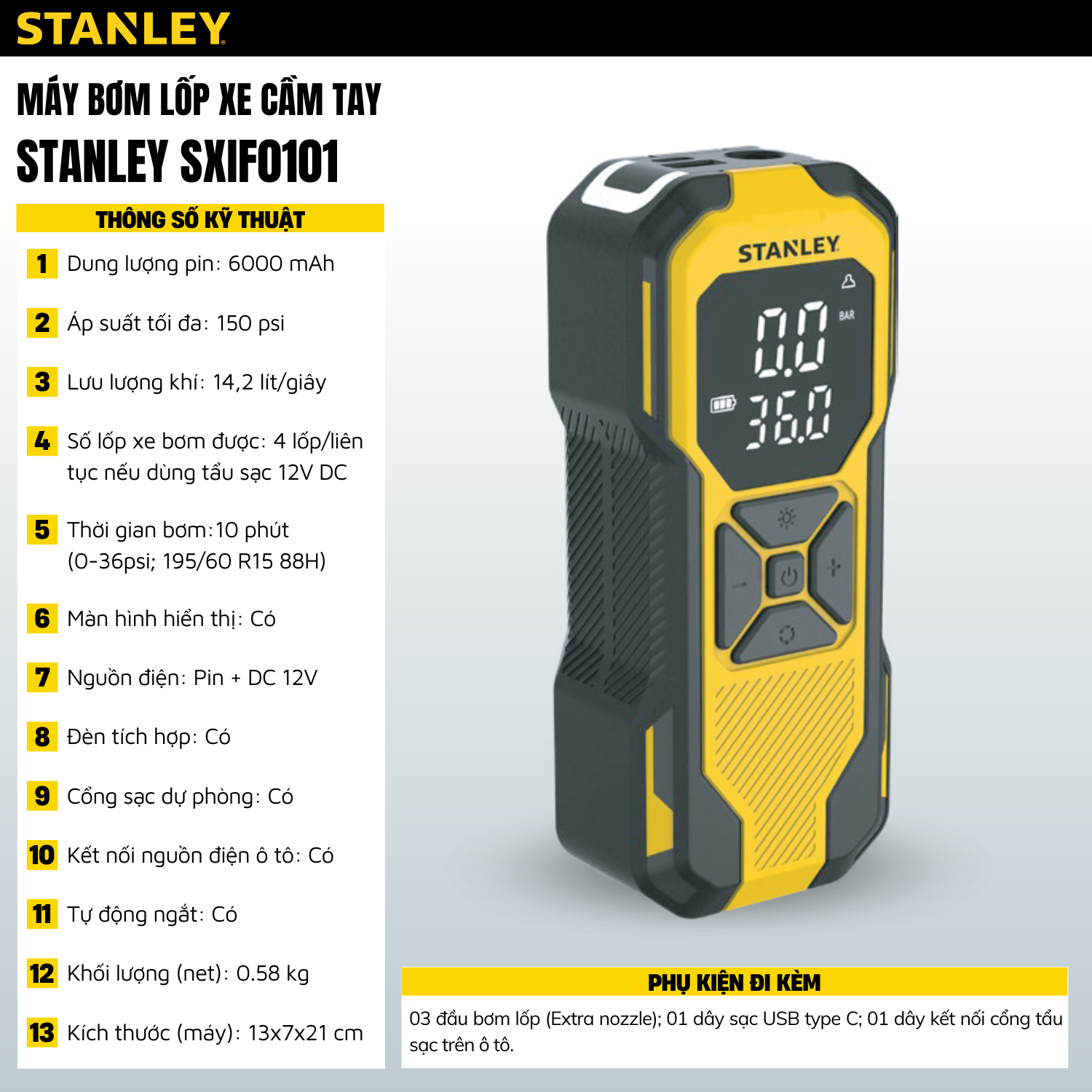 Máy Bơm Xe đa Năng Mini Stanley SXIF0101 Tích Hợp đèn Pin, Sạc Dự Phòng