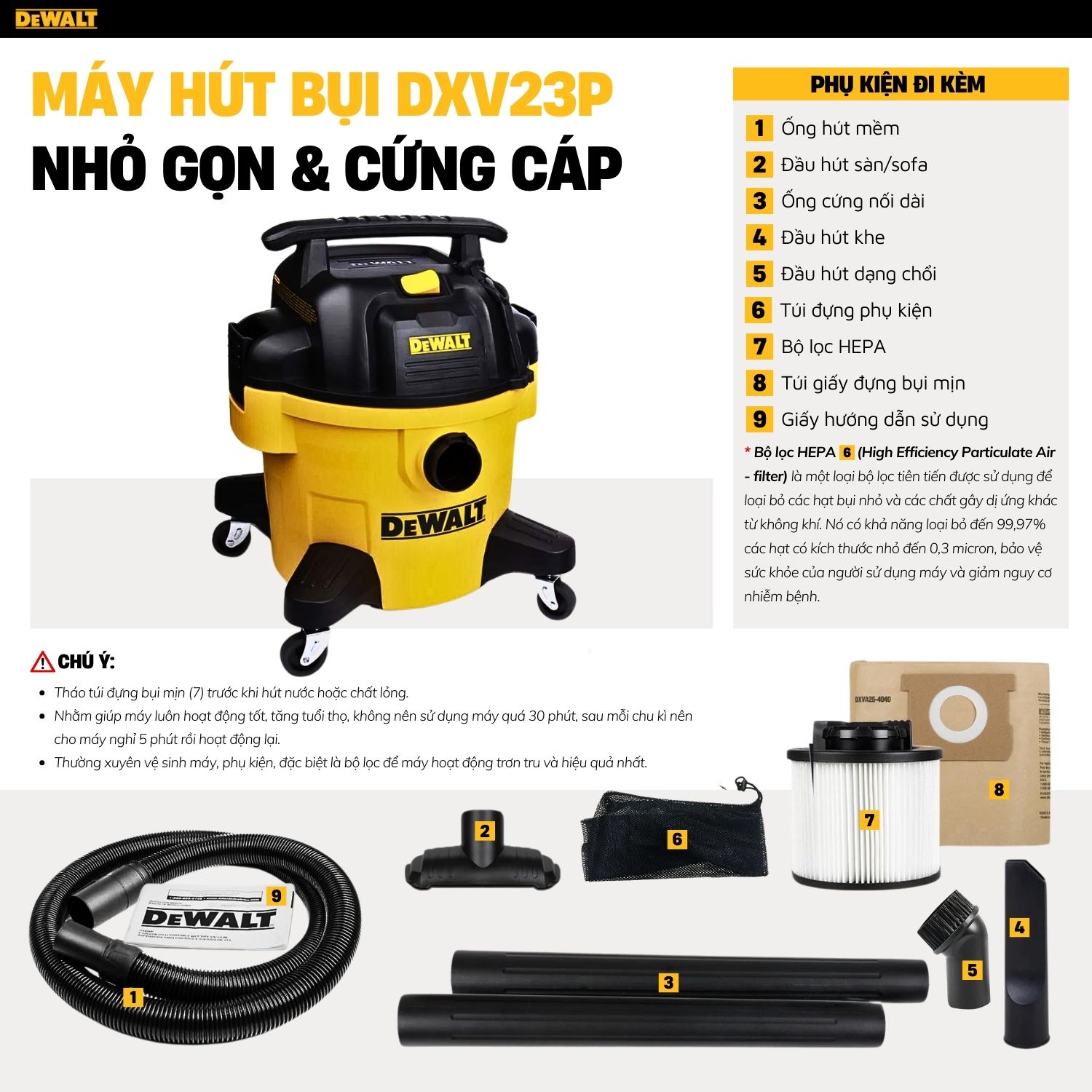 Máy Hút Bụi Công Nghiệp 3 Chức Năng ướt/khô/thổi Dewalt  DXV23P 23L