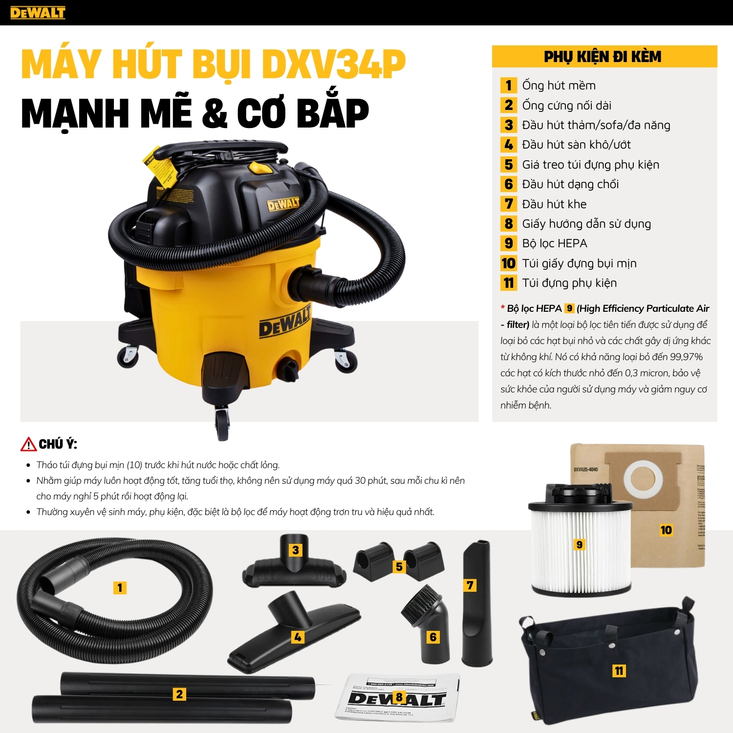 Máy Hút Bụi Công Nghiệp 3 Chức Năng ướt/khô/thổi Dewalt  DXV34P 34L