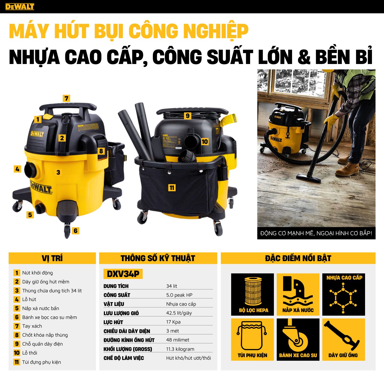 Máy Hút Bụi Công Nghiệp 3 Chức Năng ướt/khô/thổi Dewalt  DXV34P 34L