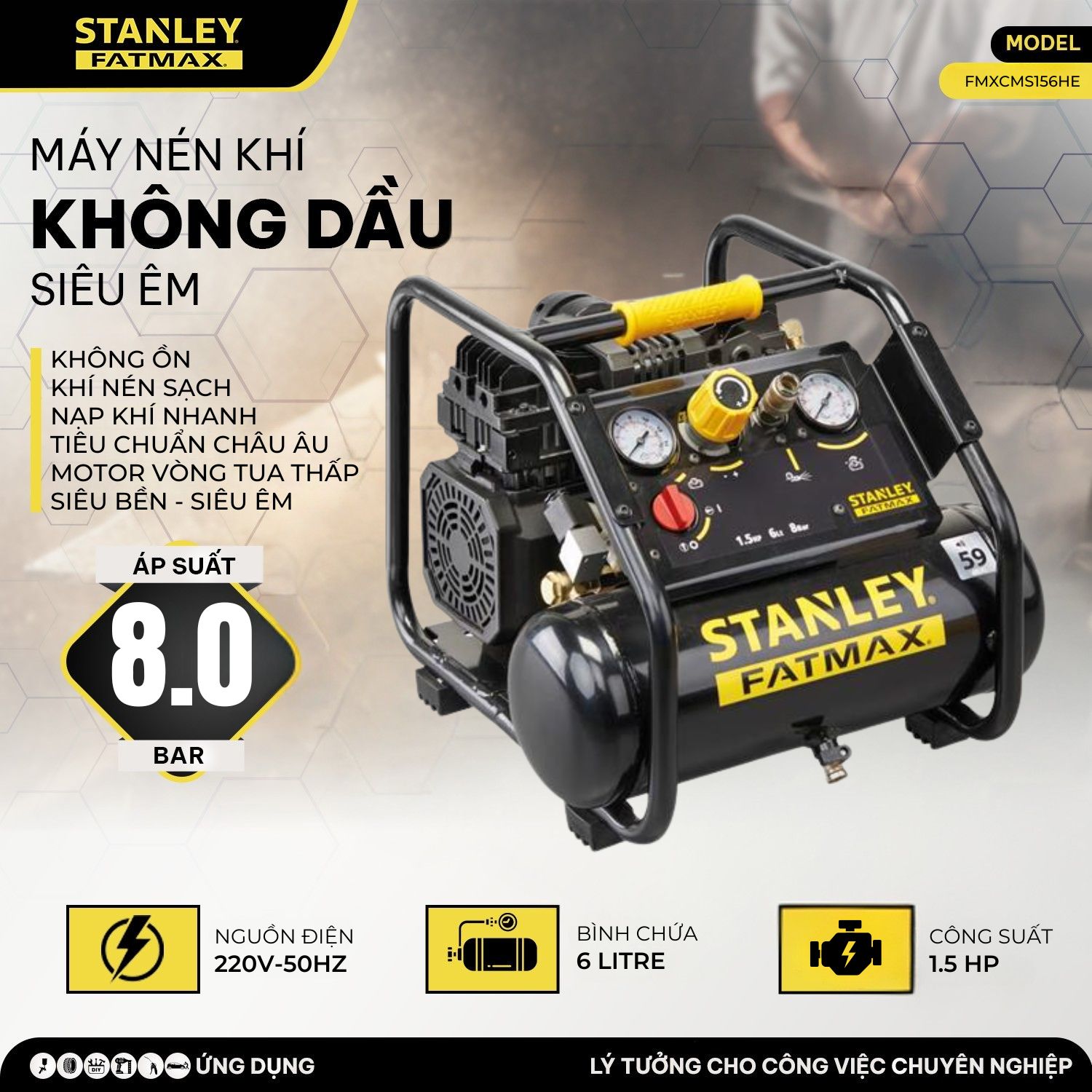 Máy Nén Khí Không Dầu 1.5Hp STANLEY FMXCMS156HE - 6 Lít Siêu êm, Nạp Nhanh