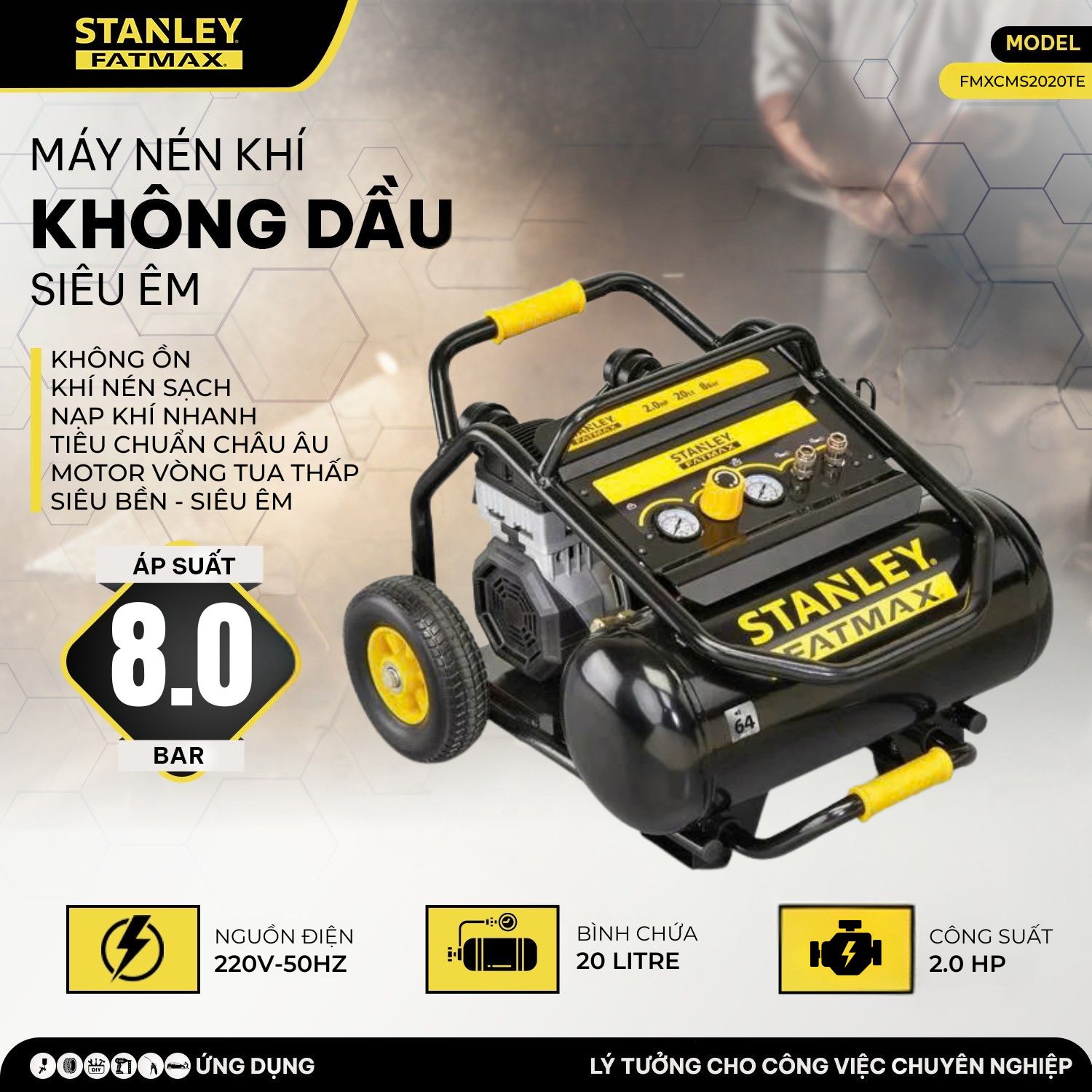 Máy Nén Khí Không Dầu Stanley FMXCMS2020TE - 20 Lít Siêu êm, Cơ động, Gọn