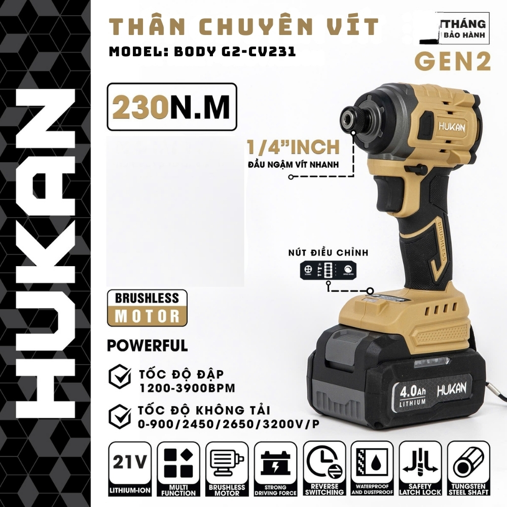 Máy Chuyên Vít Hukan G2-CV231, Lực Siết 230N.m, đầu Vít 1/4inch, động Cơ Không Chổi Than