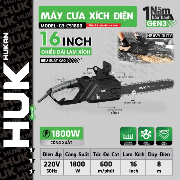 Máy Cưa Xích điện 16inch GEN 3 Hukan G3-CS1800, Công Suất 1800W, Bảo Hành 12 Tháng