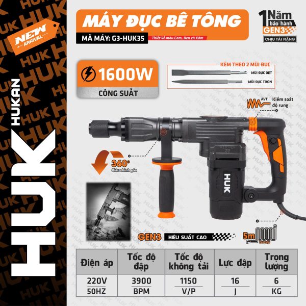 Máy đục Bê Tông (GEN 3) G3-HUK35, Công Suất 1600W, Lực đập 16J
