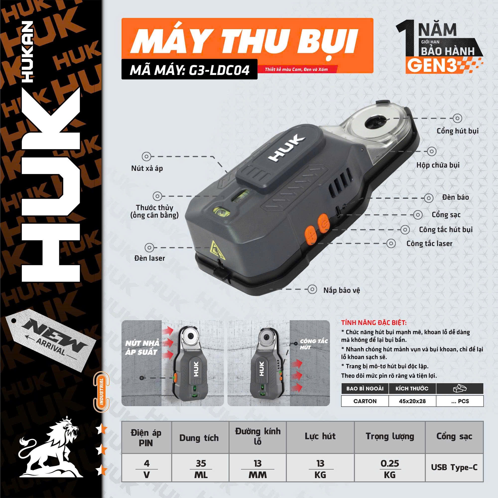 Máy Hút Bụi Mini Cho Máy Khoan Hukan G3-LDC04 - Tích Hợp Laser Giữ Cân Bằng