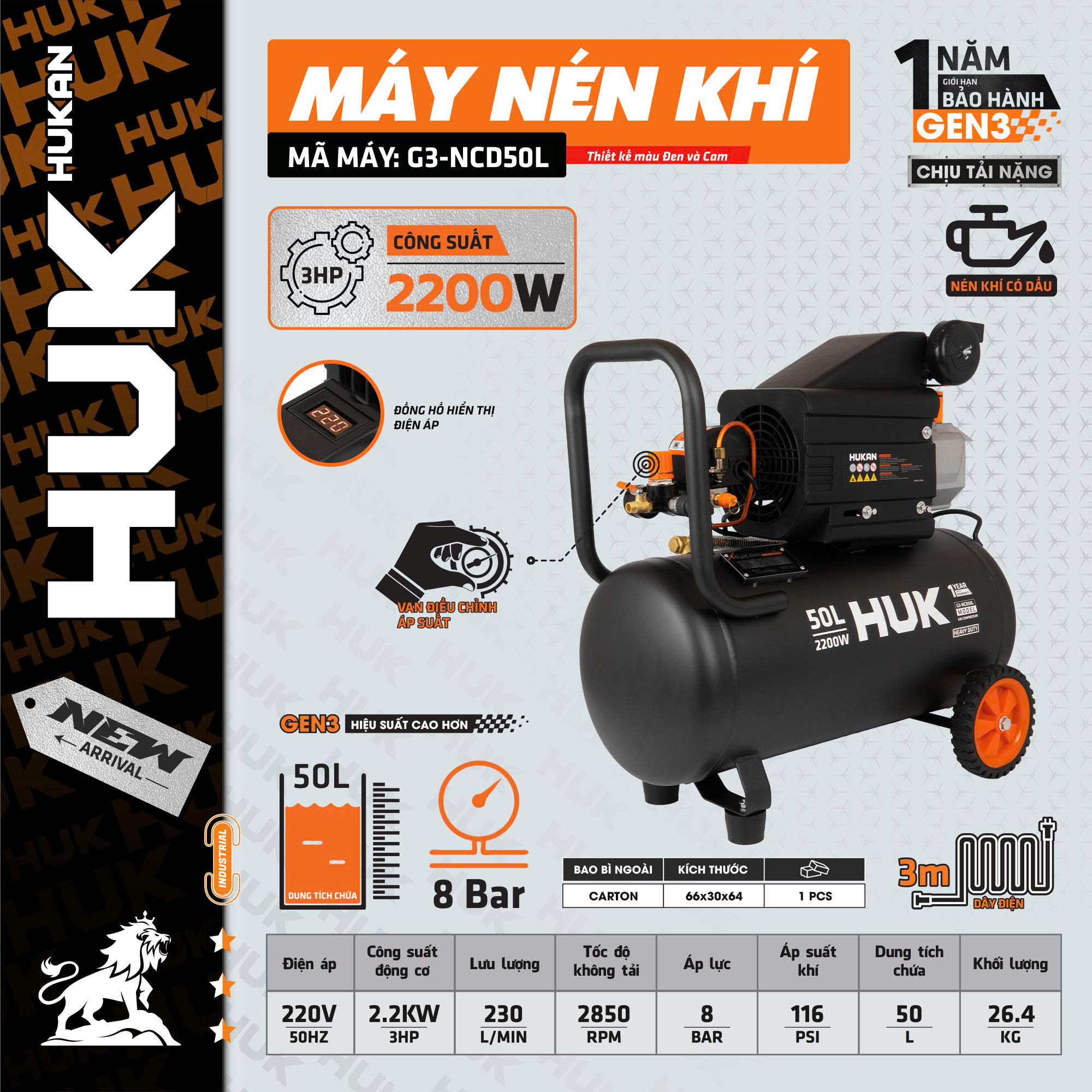 Máy Nén Khí Có Dầu 50L Công Suất 2200W - 3HP Hukan G3-NCD50L