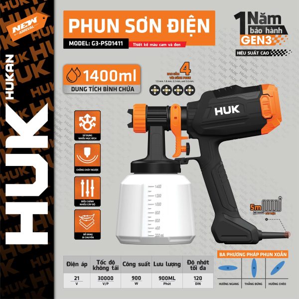 Máy Phun Sơn điện GEN 3 Hukan G3-PSD1411, Công Suất 900W, Dung Tích 1400ml